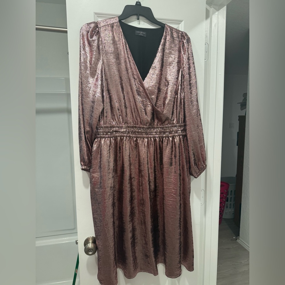 Lane Bryant Blouson-Sleeve Surplice Metallic Midi Dress in rose gold